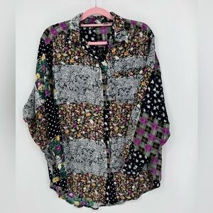 Way To Go Women's Vintage Floral Patchwork Longsleeve ButtonUp Blouse Size Large